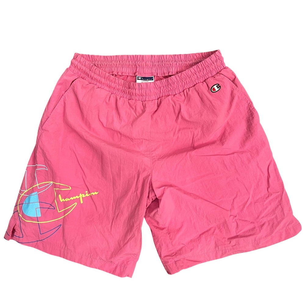Vintage Champion Swim Trunks Mens Large Pink Graphic Nylon Mesh Lined Shorts